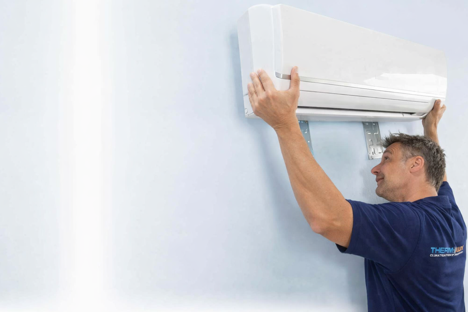 Thermolux technician installing wall mounted heat pump in Montreal home Technicien Thermolux installant thermopompe murale dans maison à Montréal