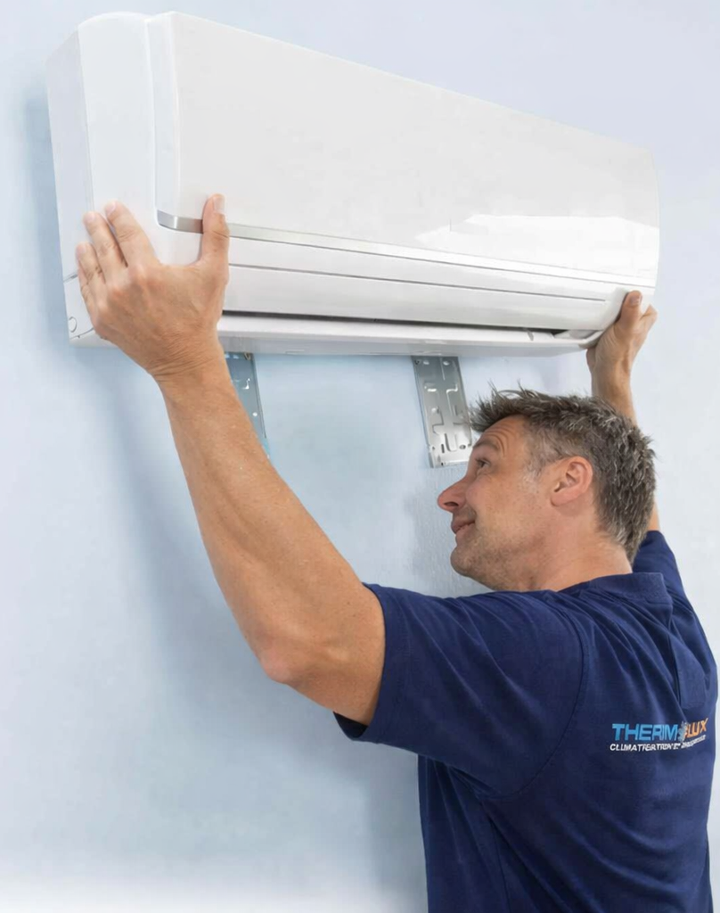 Thermolux technician installing wall mounted heat pump in Montreal home Technicien Thermolux installant thermopompe murale dans maison à Montréal